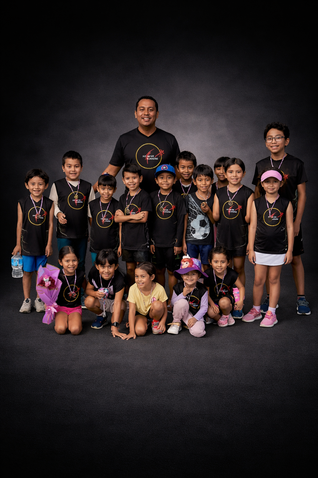 Equipo Fit-Ness Running con niños y entrenadores en sesión fotográfica oficial